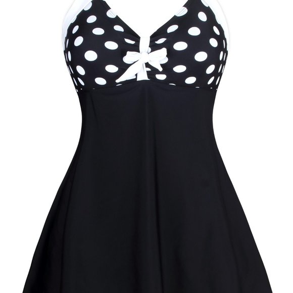 Black White Polka Dot One-piece Swimdress - Picture 4 of 9